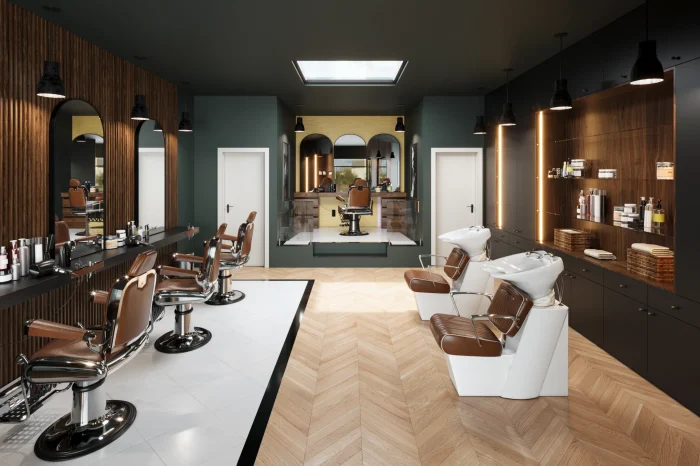 Barber Shop Midtown Manhattan exterior with retro-modern façade and custom glass entrance